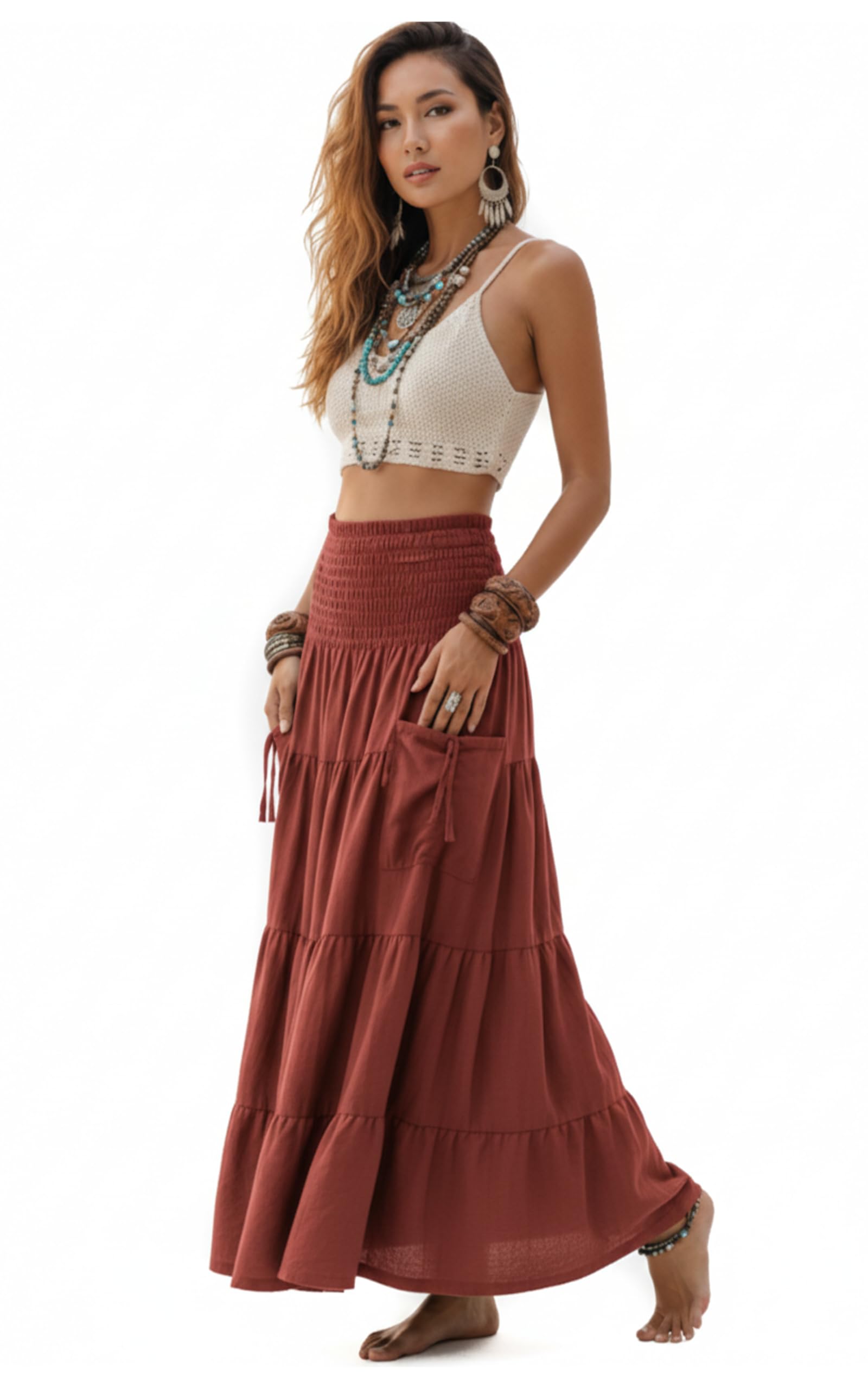 Thaluta Maxi-Boho-Rock, lange Taschen, Baumwolle, Hippie, Bohemian-Stil, elastische Taille, Zigeuner-Rock