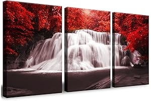 CERLMLAND Waterfall Wall Art : Red Trees Forest Picture Black White Canvas Wall Art