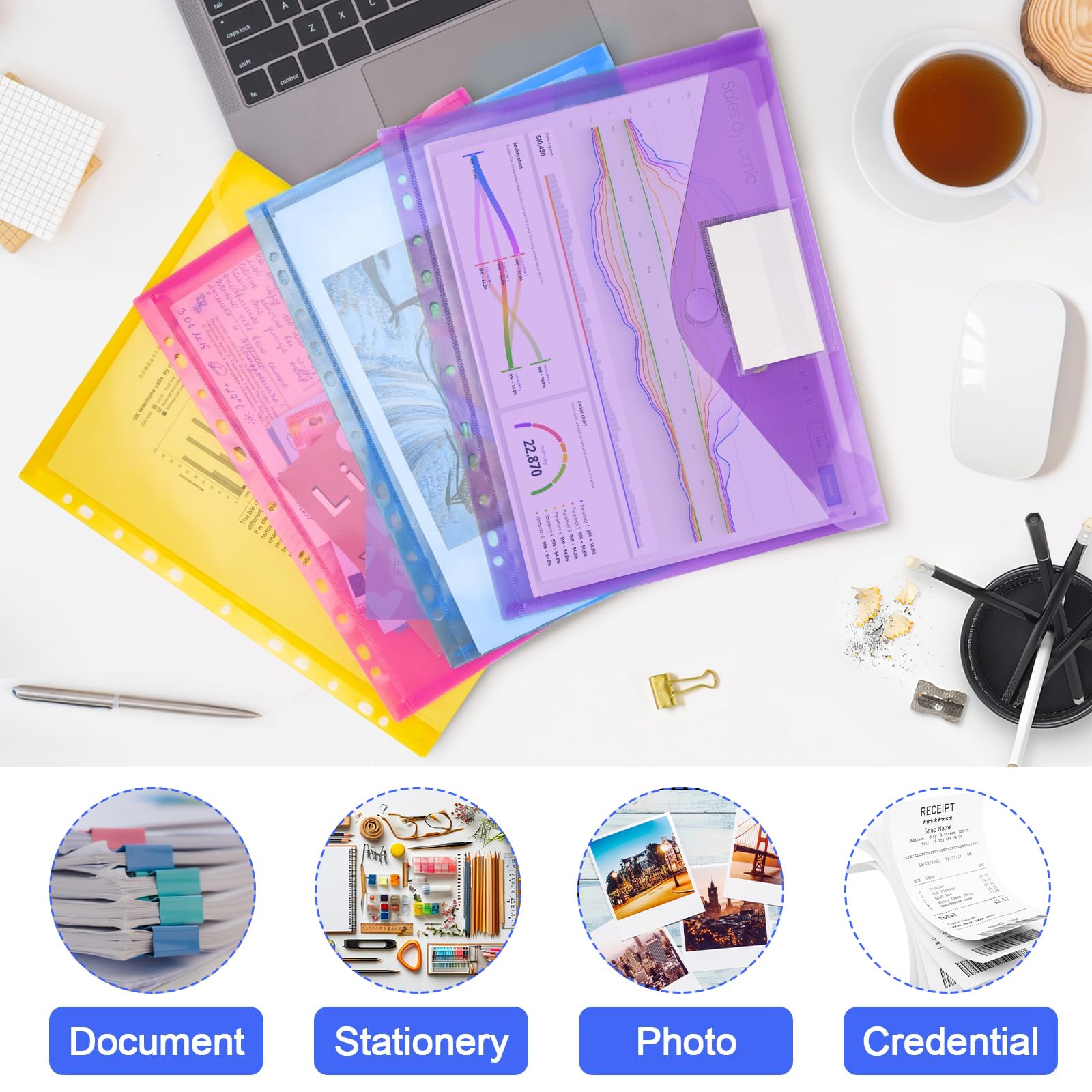 Pochette Porte-Documents A4 12PCS, Pochettes Plastiques Perforées A4 avec 11 Trous, Pochette Classeur 6 Couleurs Transparentes avec Poches, pour Étiquettes pour Organiser les Documents