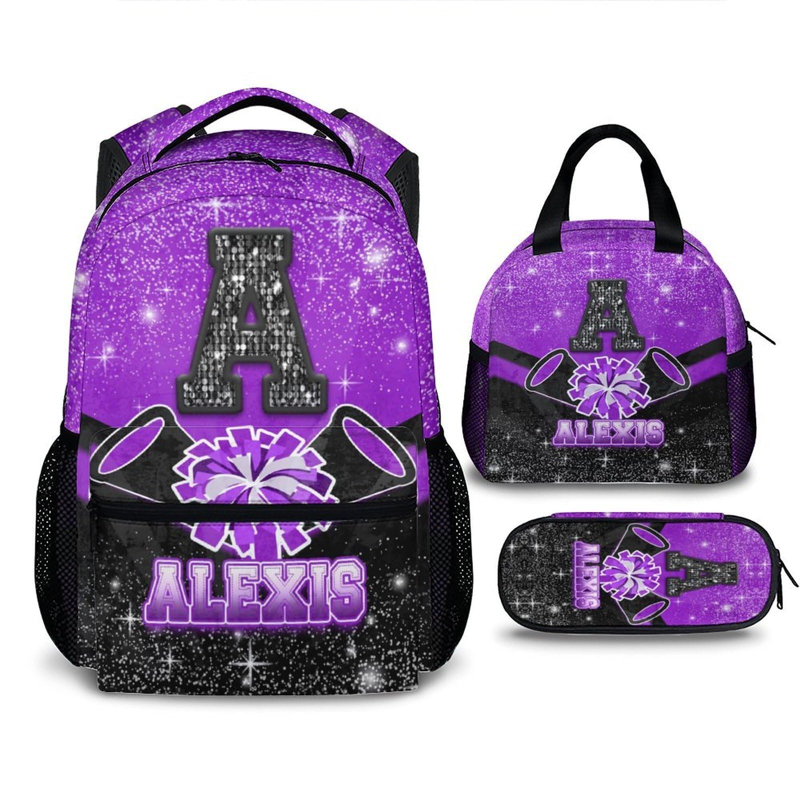 Initial Name Backpack for Girl Kindergarten Preschool Primary, Custom Cheerleading Schoolbag Set for Kids, 17 Inch Durable Personalized Black Glitter
