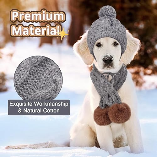 Vista 5 de Kuoser Juego de gorro y bufanda de invierno para perro, gorro de punto para mascotas, gorro cálido de Navidad, accesorios lindos, calentador