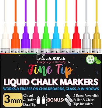 Kassa 10-Pack Neon Multicolor Chalk Markers | Includes Reversible Bullet & Chisel Tips | Works on Chalkboards, Windows, Glass or Mirrors |Ideal for Use at Home, Office