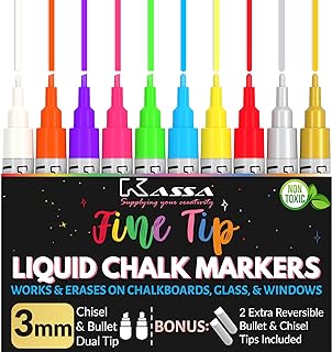 Kassa Kreidestifte für Fenster und Tafel mit feiner Spitze (10er Pack 3mm) – Abwaschbare Kreidemarker- Inklusive Gold & Silber - Kreidestifte geeignet für Fenster, Glas und Tafeln