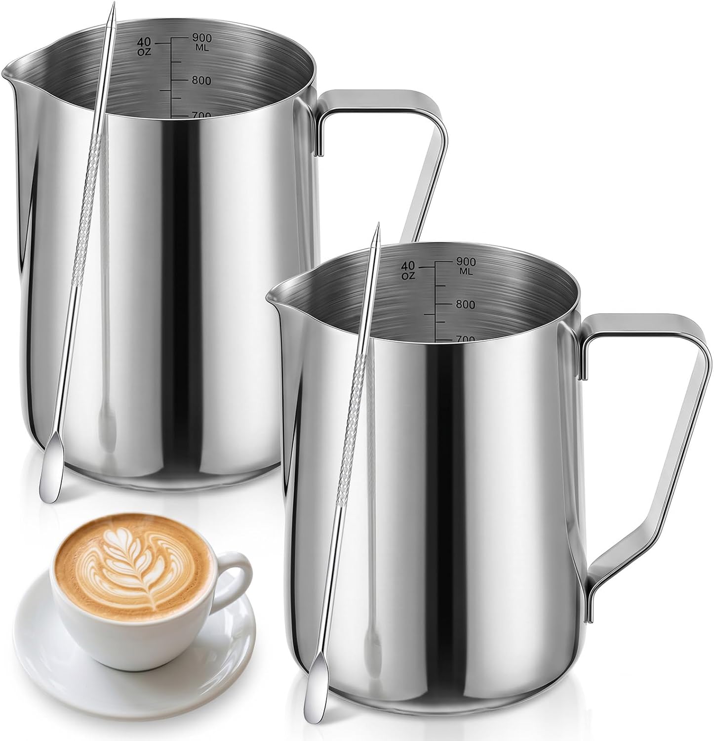 2 Pack Frothing Pitcher Set – 30oz Stainless Steel Milk Frothing Pitcher with Laser Etched Scale, Milk Frother Cup for Latte Art, Cappuccino, Coffee Steaming, Includes 2 Latte Art Pens