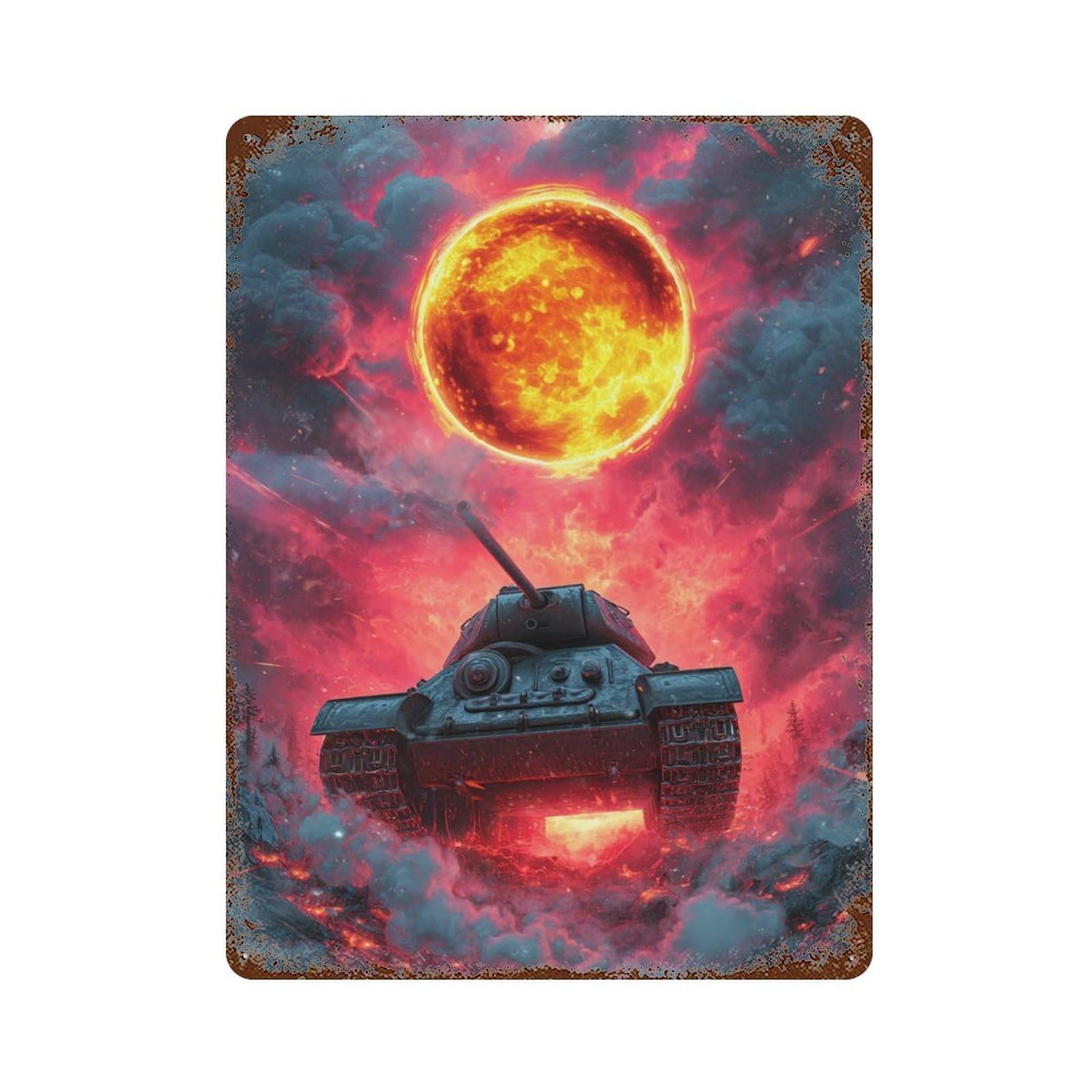 Rustic Tin Plaque with Apocalyptic Tank Battle Scene Design 15.7"x11.8", for Pub, Kitchen And Man Cave Decor, Old School Wall Decor