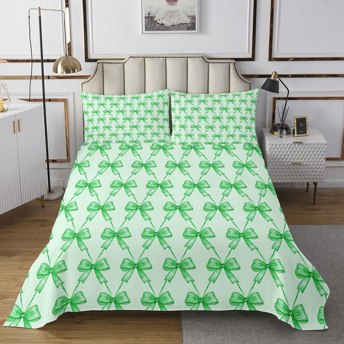 jejeloiu Cute Bow Bedspread Twin Size Green Bowknot Coverlet Set for Kids Boys Girls Kawaii Quilted Coverlet Breathable Soft Lightweight Microfiber Princess Bedroom Decor