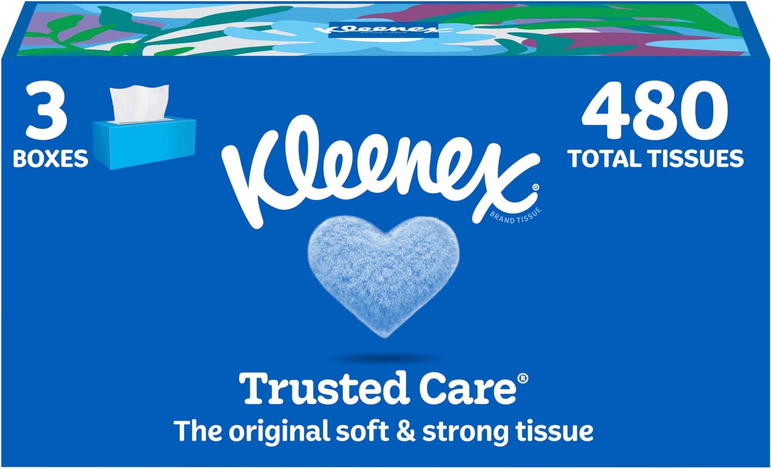 Kleenex Trusted Care Facial Tissues, 3 Flat Boxes, 160 Tissues per Box, 2-Ply (480 Total), Packaging May Vary