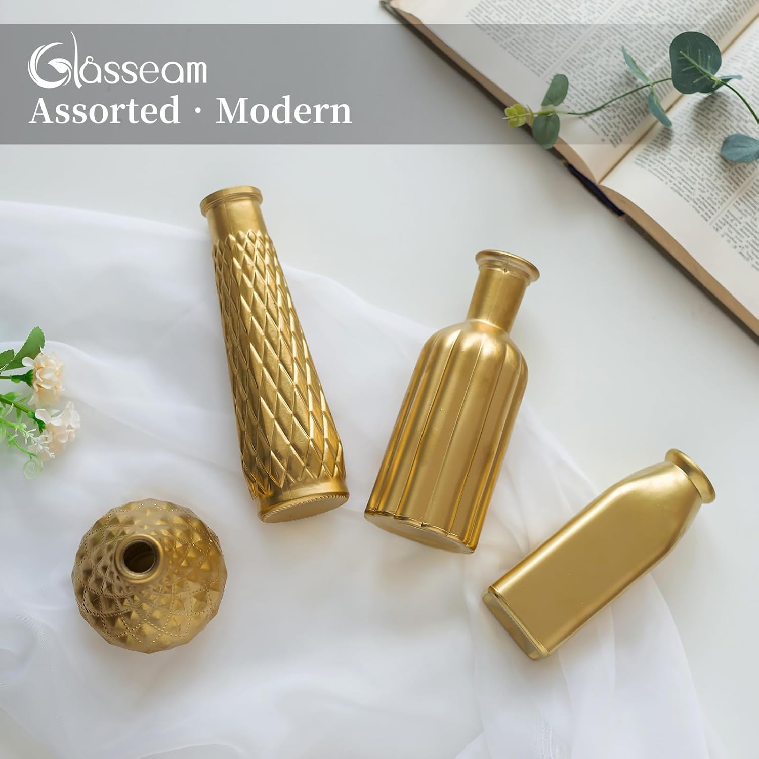 Glasseam Gold Vase for Flowers: Small Glass Vases for Living Room Kitchen Table Centerpieces, 4 Aesthetic Decorative Golden Modern Home Decor for Floral,Gold