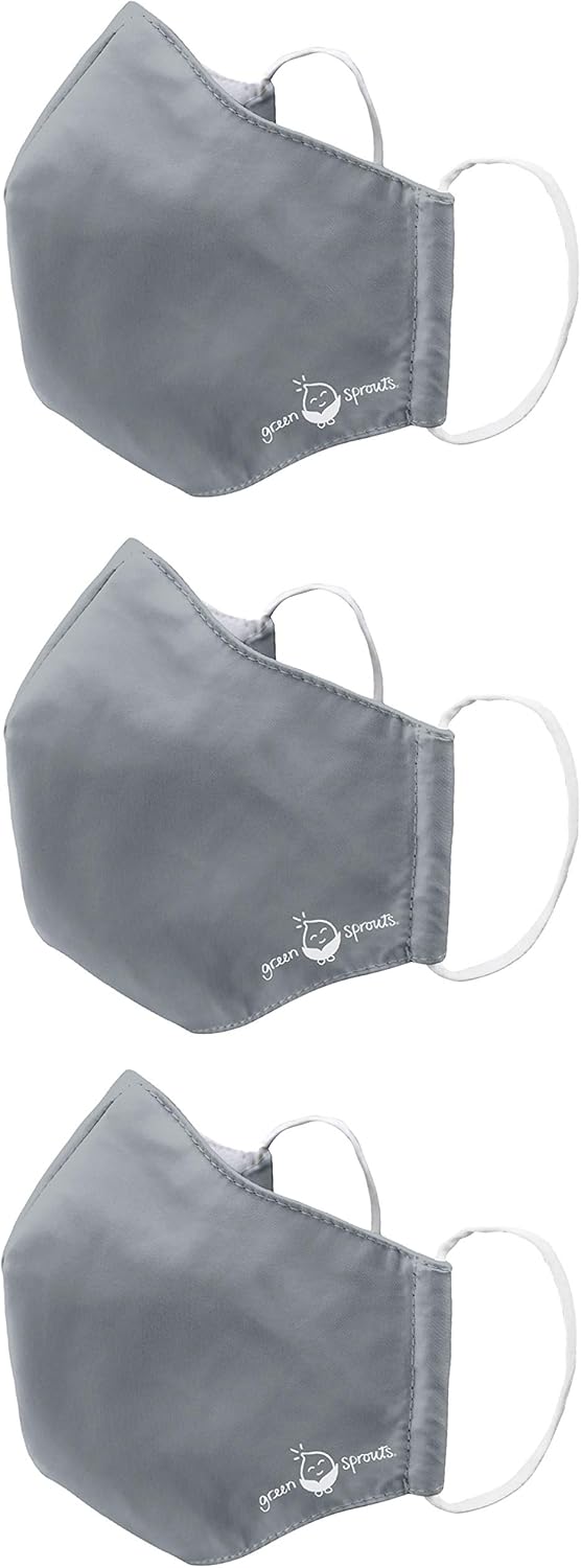 green sprouts i play 3 Pack Reusable Face Mask and Storage Bag with Carbon Filter and Water-Resistant Adult Large Grey