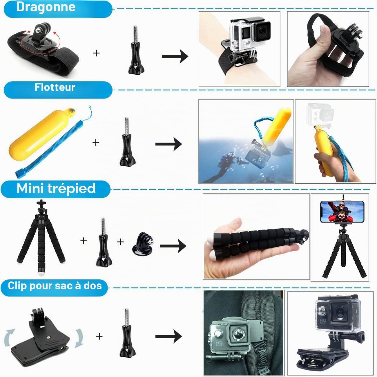 Kit d'accessoires pour DJI osmo Action 5 Pro Action 4/3 noir, étui étanche, boîtier étanche, accessoires de plongée avec tuba, support de vélo, perche à selfie, sangle de tête pour Action 5Pro