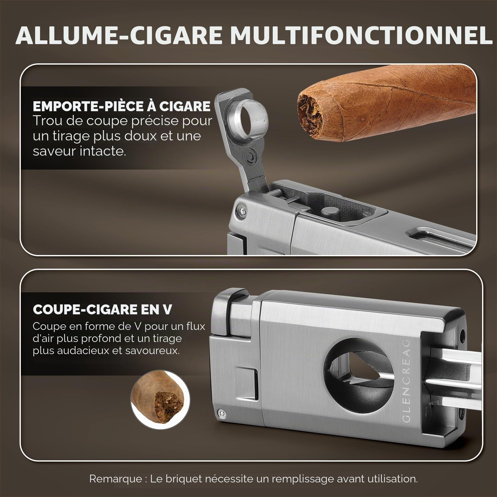GLENCREAG Cave à cigares de voyage portable, étui à cigares en cuir de cèdre avec coupe-cigares V et briquet, hygromètre et humidificateur intégrés, sac de rangement en velours inclus