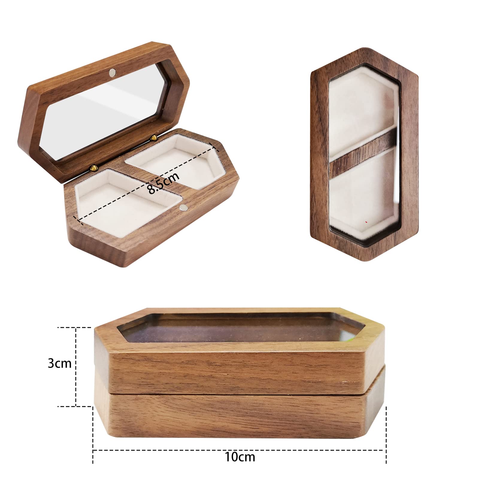 Chris.W Wooden Ring Box With Transparent Lid - Two Slot Jewelry Case For Engagement/Wedding Rings (Brown)