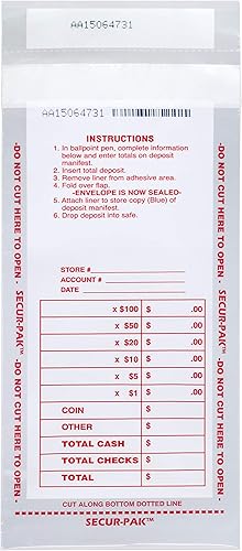 SECUR-PAK 250PK - Bolsa de depósito de efectivo segura para caídas, 4.5 x 9 pulgadas, transparente, cierre resistente a manipulaciones con números