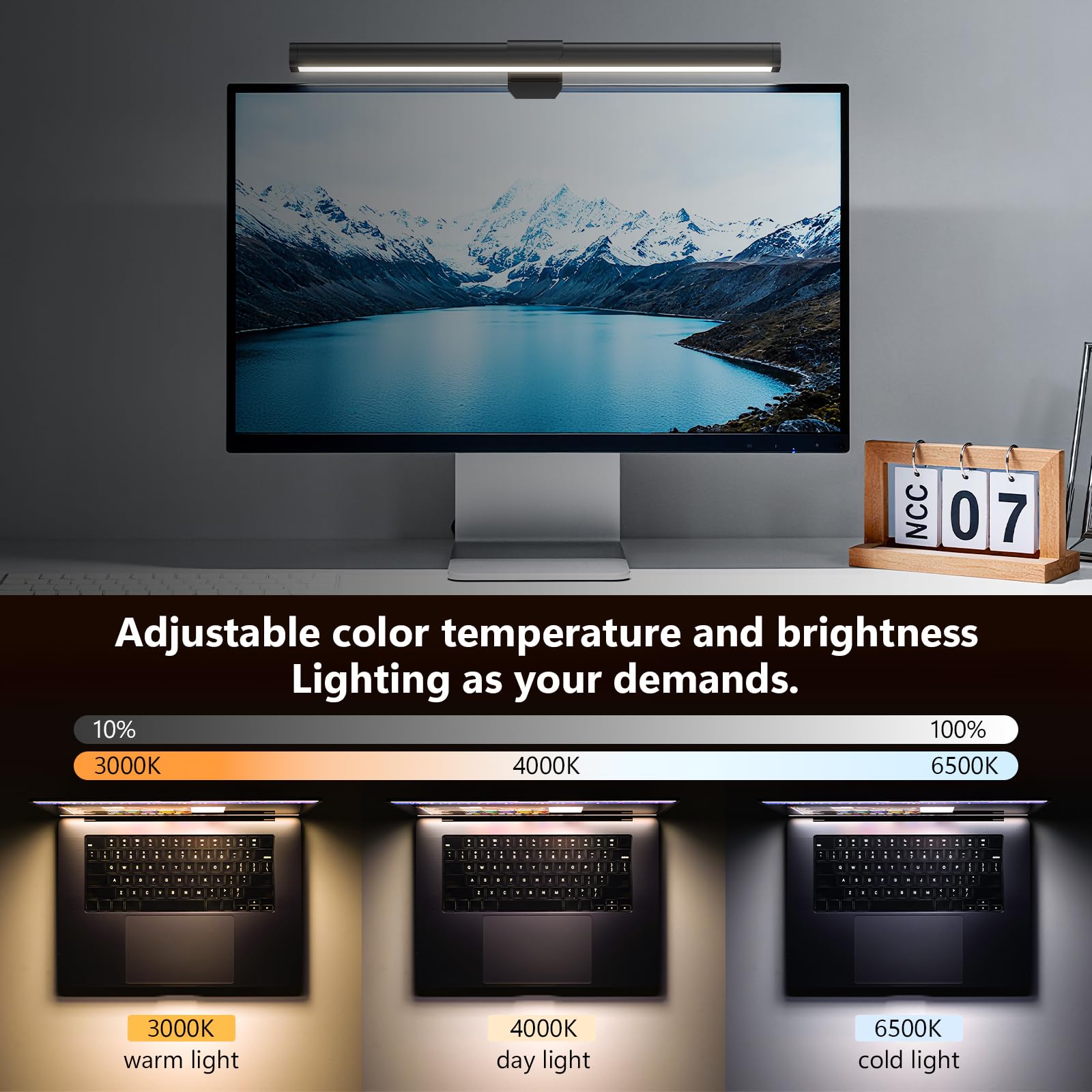 Barre lumineuse pour moniteur, lampe de lecture USB pour soins des yeux, lumières d'ordinateur LED de 30 cm avec éclairage ultra large, 3 températures de couleur, lumière de bureau à intensité