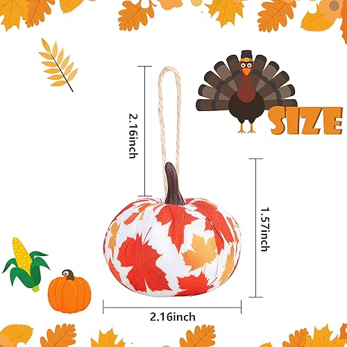 Vista 2 de Wehhbtye 12 adornos colgantes de calabaza de Acción de Gracias, hoja de arce envuelta en tela de calabaza, bola de calabaza de búfalo naranja