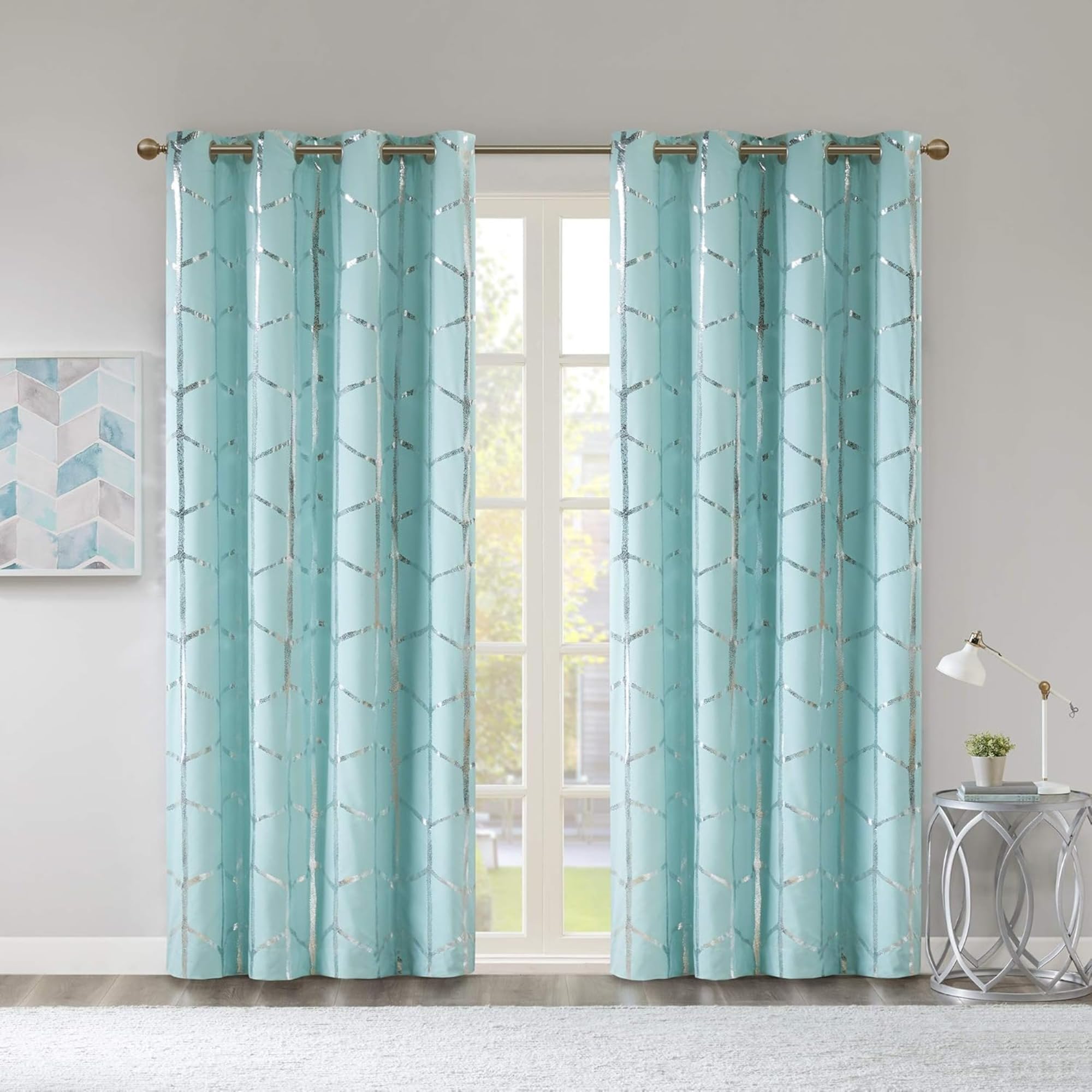 Intelligent Design Raina Total Blackout Metallic Print Grommet Top Single Window Curtain Panel Thermal Insulated Light Blocking Drape for Bedroom Living Room and Dorm 1 Piece, 50"W x 84"L, Aqua/Silver