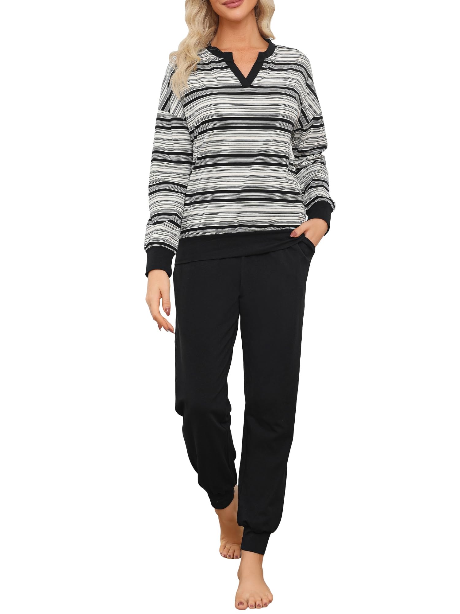 EvolSer Schlafanzug Damen Lang Baumwolle Pyjama Set Streifen Zweiteiliger Nachtwäsche Sleepwear mit V-Ausschnitt und Bündchen