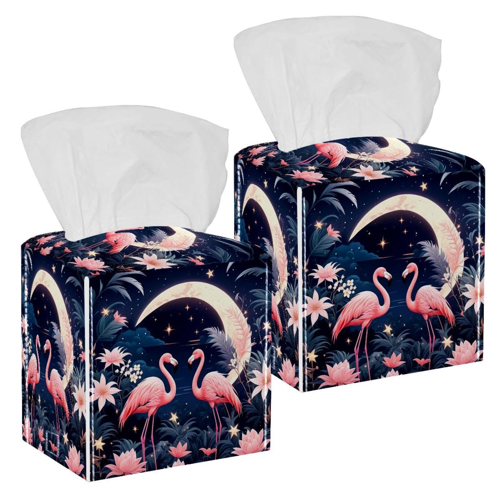 Flamingo Tissue Box Cover, 2 Pack PU Leather Square Facial Tissue Dispenser Box holder for Home Office Car
