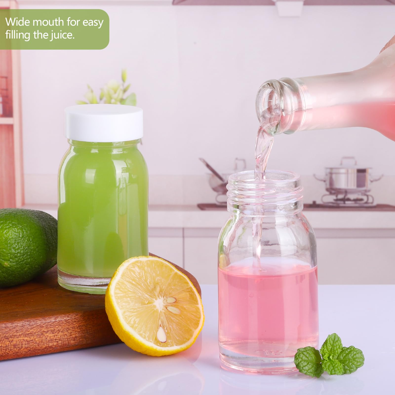 YBCPACK 12 Pack 80ml Reusable Mini Clear Glass Shot Bottles, Wellness Shots Bottles for Juice Ginger - Image 4