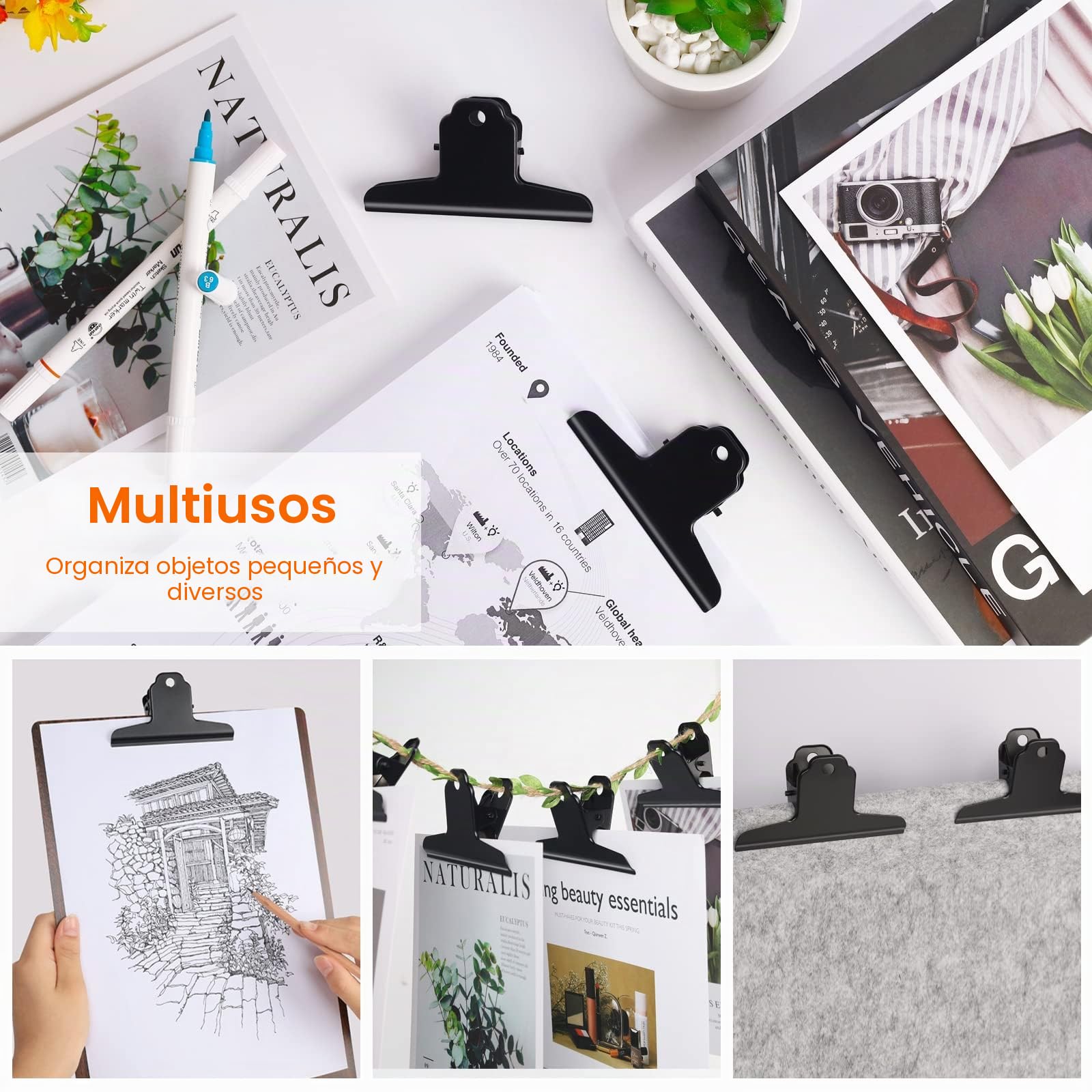 180mm Bulldog Clip, 6 Piezas Grande Bulldog Clip, Negro | Pinza Bulldog Binder Clip, Metal Bisagra Clip para Oficina Escuela Foto Archivos