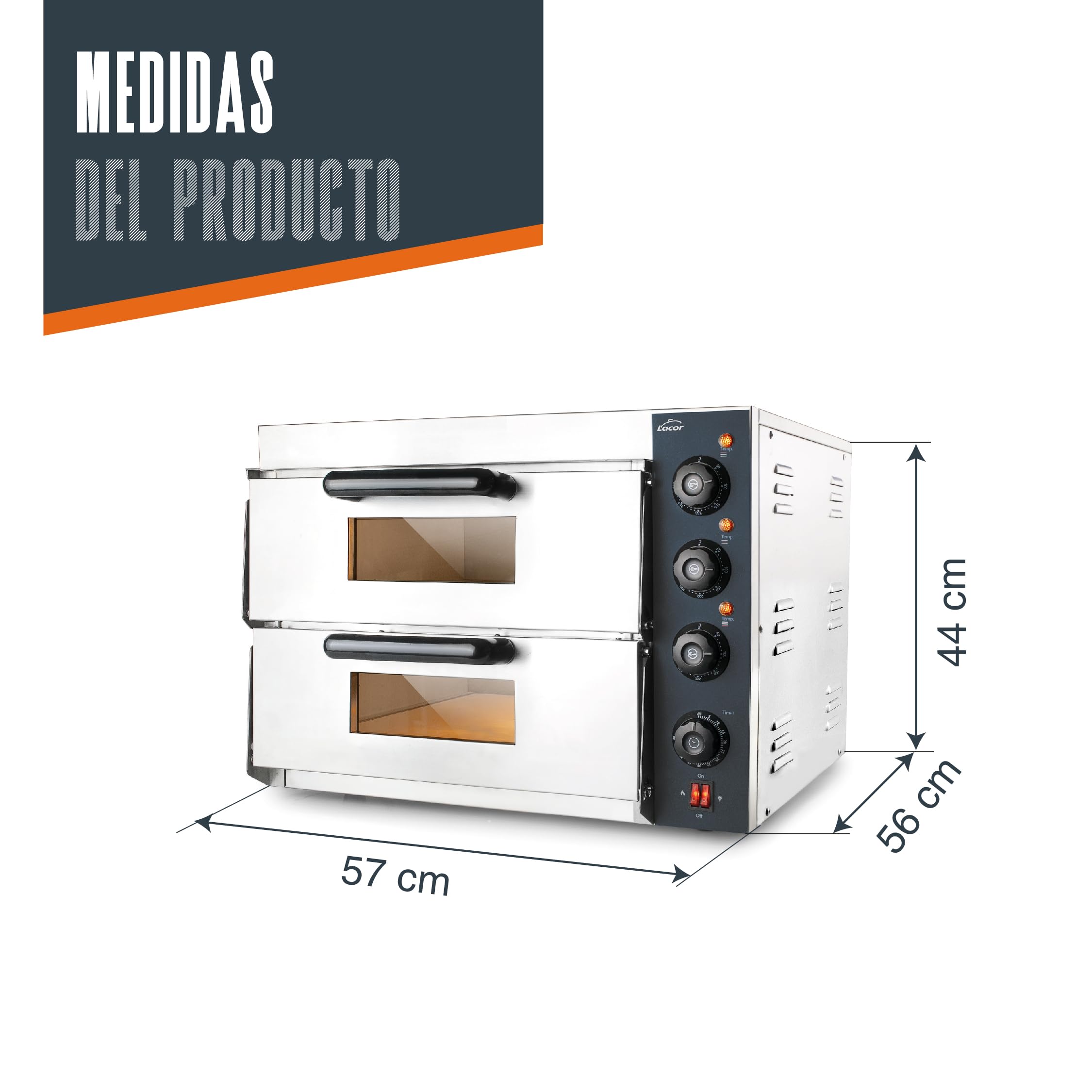 Lacor - 69633 - Horno pizza Lecco, para Mesa o Encimera, de Acero inoxidable, con Aislamiento Térmico, 3000 W, 2 cavidad, Iluminación interior, Medidas: 57x56x44 cm