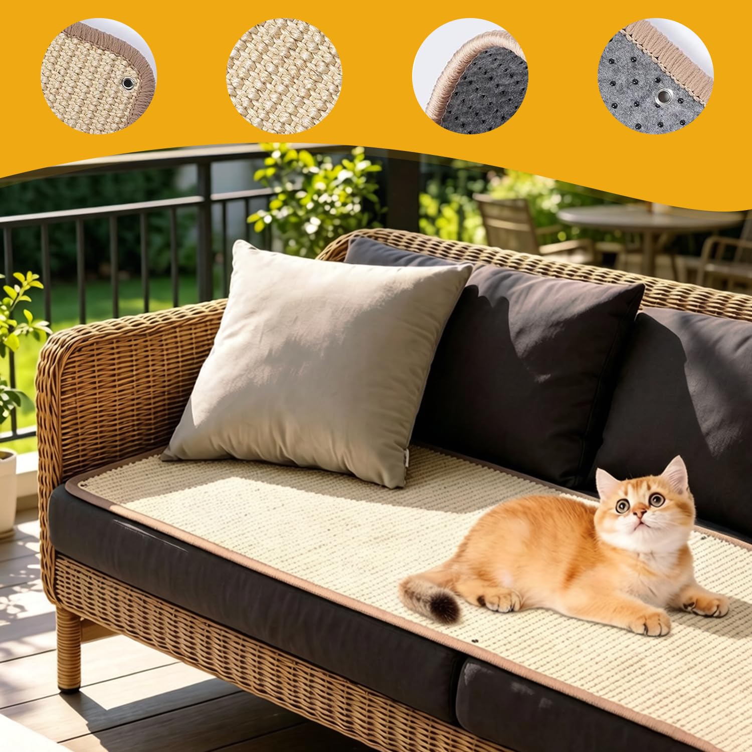 Set di 2 tappetini antigraffio per gatti, in sisal naturale, con nastro adesivo, non necessita di foratura, protezione per divani, protezione antigraffio per braccioli del divano, 40 × 100