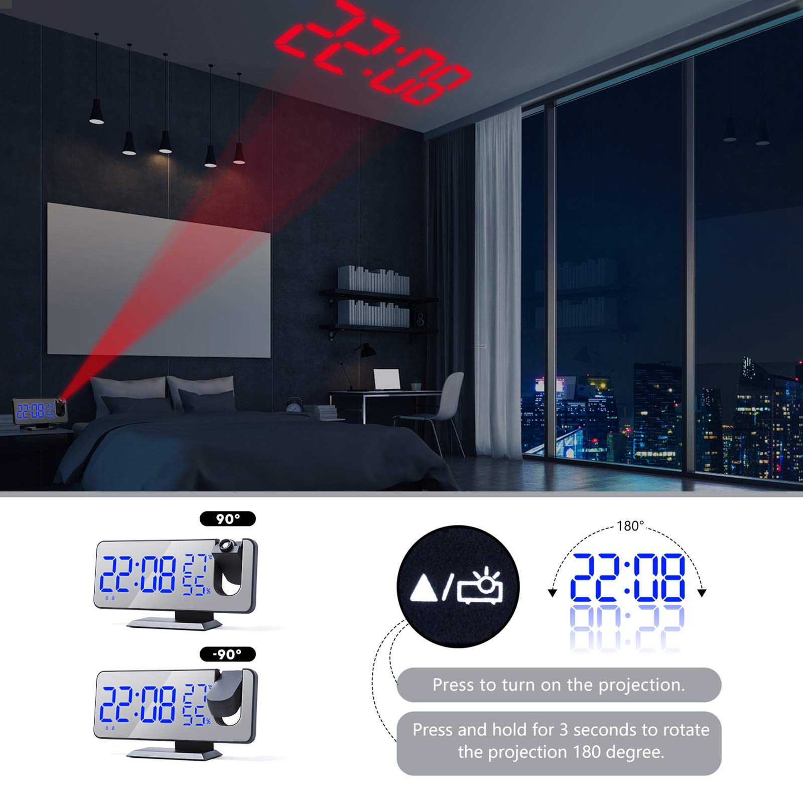 rockible Reloj Despertador Digital Proyector de Pared con Pantalla LED de 7.3pulgadas Incorporado Control de Volumen y Digital