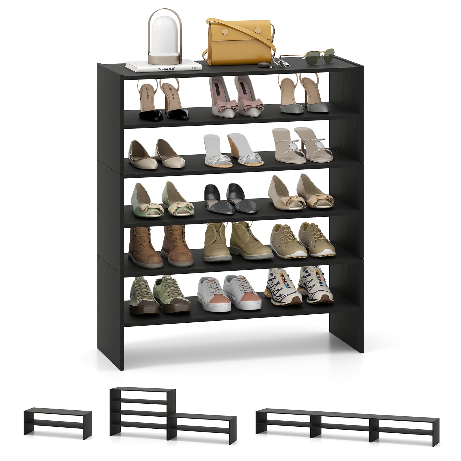 COSTWAY Schuhregal stapelbar Holz, Schuhorganizer Freikombination (Schwarz) | 6 stufiges Holzschuhregal mit Anti-Kipp-Vorrichtung, Moderner Schuhturm freistehend für Schlafzimmer, Flur, Eingangsbereich