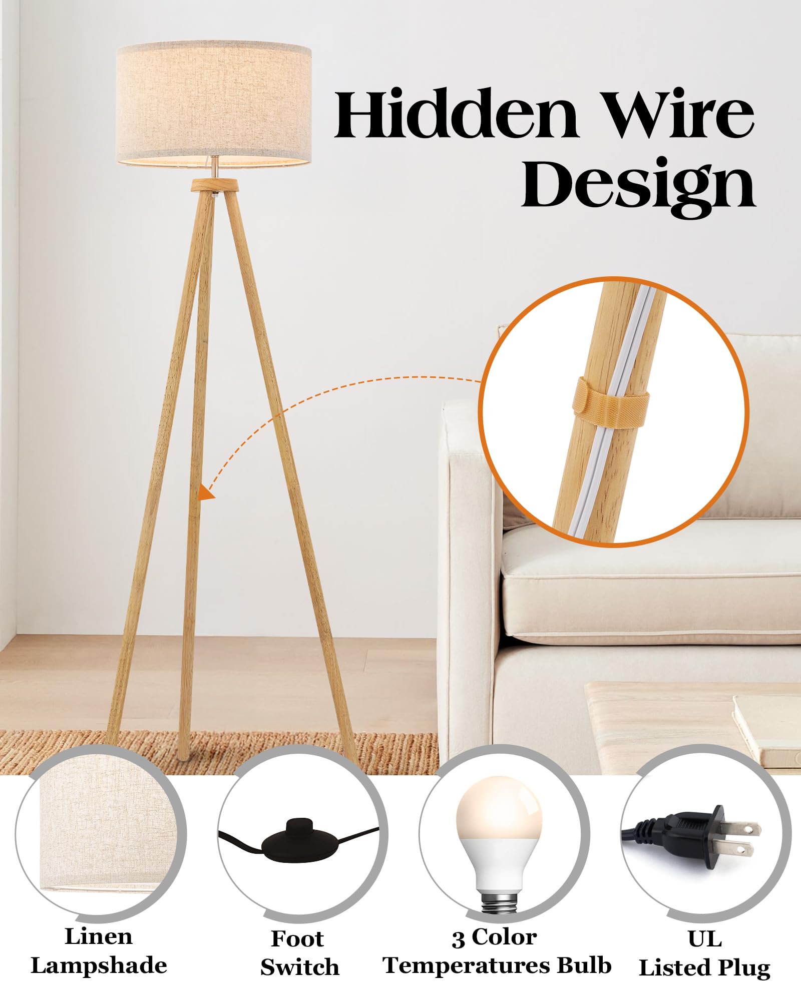 ELYONA Holz-Stehlampe für Wohnzimmer, nordische Stehleuchte mit 3 Farbtemperaturen, inklusive LED-Birne und beigefarbenem Leinen-Schirm, Fußschalter, hohe Lampe für Schlafzimmer, Büro, Arbeitszimmer