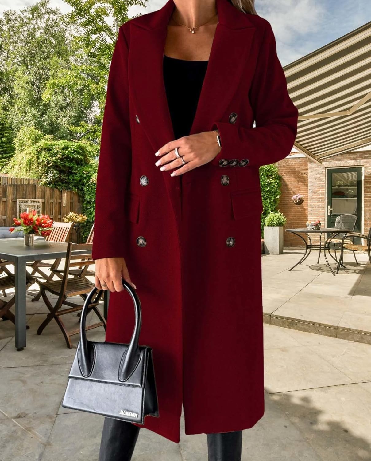 Womens Solid Color Double Breasted Medium Length Slim Coat Winter Casual Lapel Wool Jacket Coat - Image 2