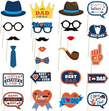 Happy Fathers Day Photo Booth Props Set - Funny Fathers Birthday Party Favors Decorations - Best Dad Party Supplies - Dad Celebrating Photo Booth Props Kit - Set of 24 Counts