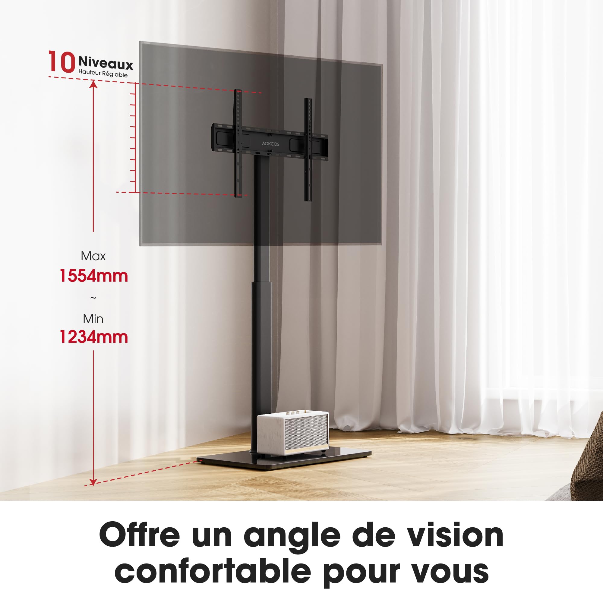 AOKCOS Support TV sur Pied Plus Haut 1,6m pour 43-85 Pouces,Pied pour TV Pivotant 50° Inclinable 12° Hauteur Réglable Max VESA 600x400mm Max Capacité 50 KG (Noir)