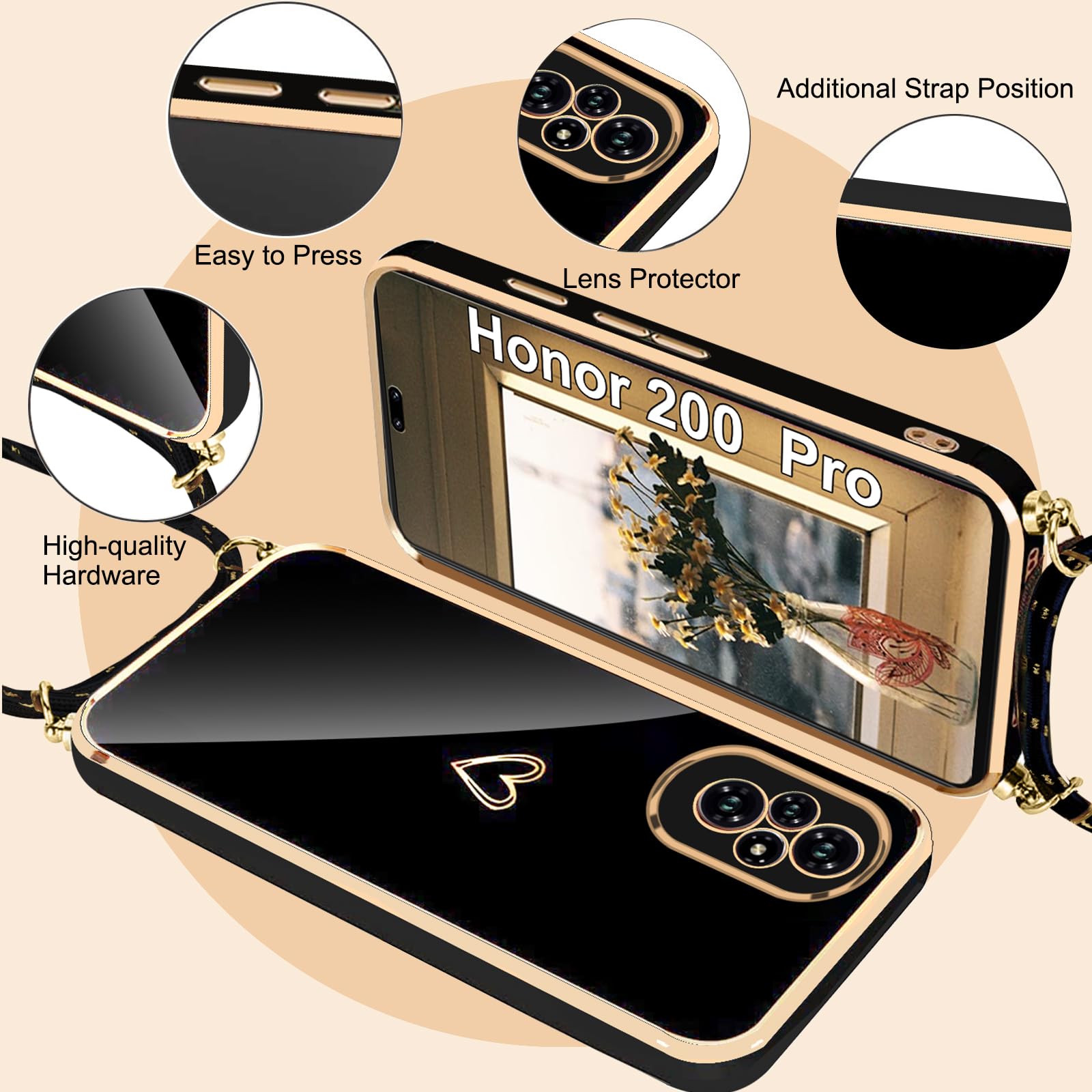 Honor 200 Smart Hülle Mit Band & Herz-Detail – Stoßfest, Glamourös, Mit Abnehmbarer Kette
