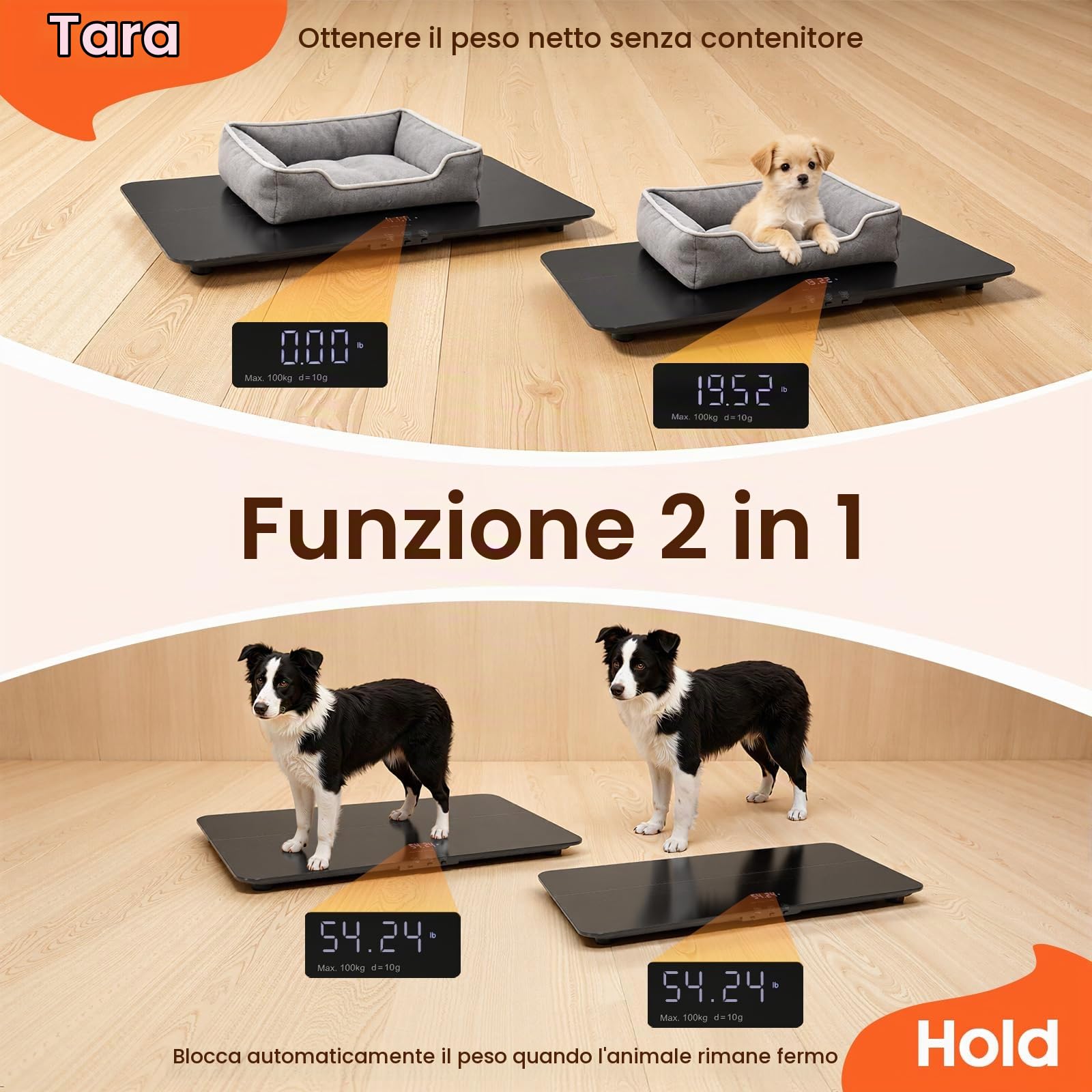 Bilancia digitale per animali domestici, bilancia per cani, fino a 100 kg, precisione 10 g, grande piattaforma, display LCD, 3 modalità di pesatura, funzione tara, bilancia per animali, per cani