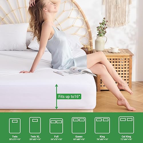 Miniatura 6 de Protector de colchón impermeable de rayón de bambú, protector de colchón elástico Queen para hasta 16 pulgadas, funda de colchón súper suave,