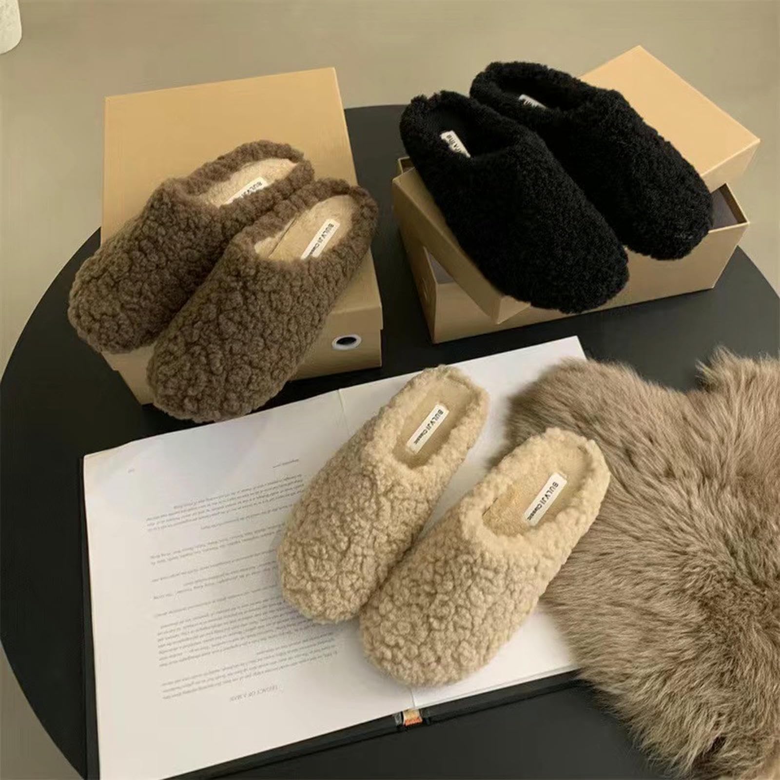 Donna Pantofole in Peluche Peluche, Appartamenti All'aperto Slip-on-nero-37