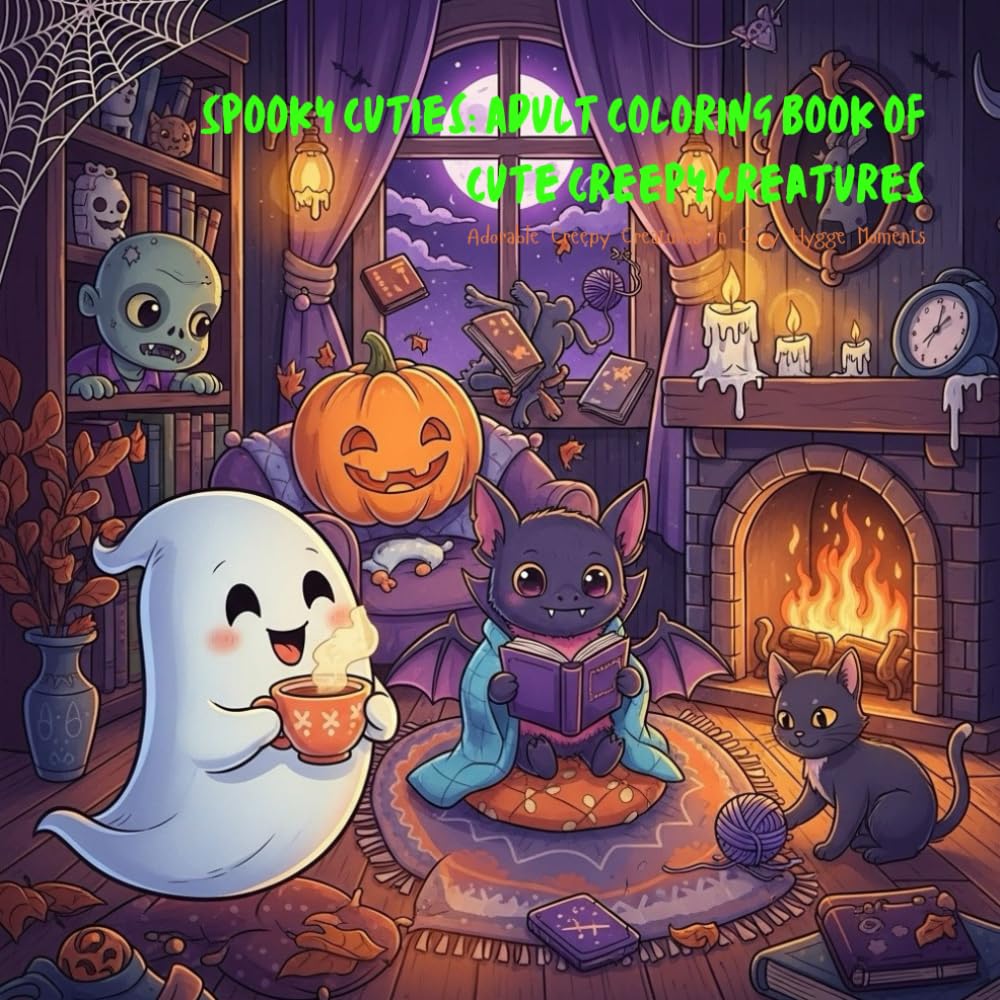 Spooky Cuties: Adult Coloring Book of Cute Creepy Creatures: Adorable Creepy Creatures in Cozy Hygge Moments