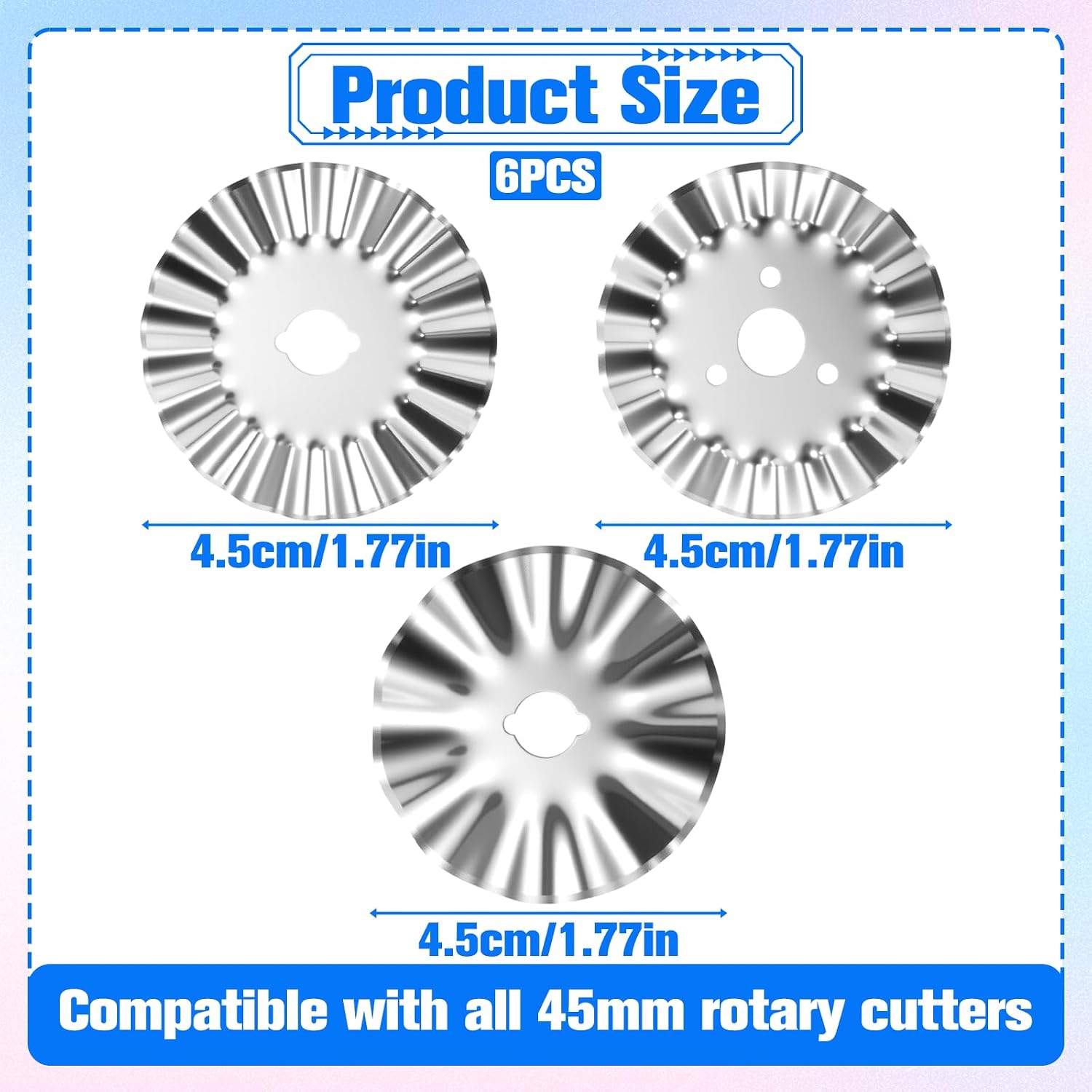 45mm Pinking Rotary Cutter Blades, 6 Pcs Wave Rotary Blades Replacement Set, Decorative Blade Fabric Paper Cutting Tool for Quilting, Sewing, Arts and Crafts