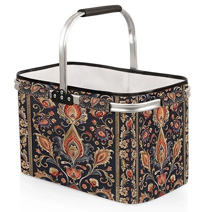 Kizmoglux Modern Abstract Floral Collapsible Market Basket, Foldable Picnic Basket - Large Shopping Basket with Handles, Portable Folding Bag for Shopping Camping Picnic