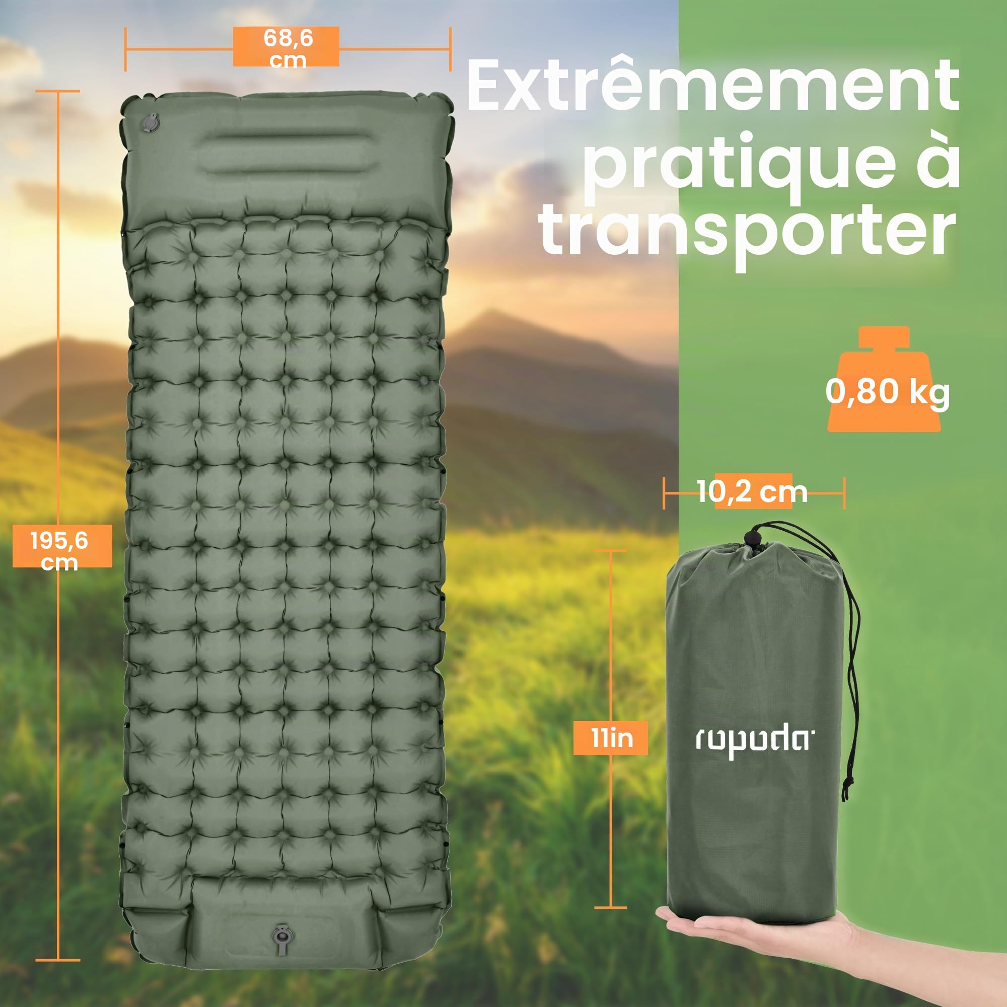 ROPODA Matelas gonflable de camping , tapis de sol ultraléger avec oreiller et pompe à pied intégrée, matelas étanche avec sac de transport pour randonnée, trekking, 196 x 69 x 10 cm(Gris)