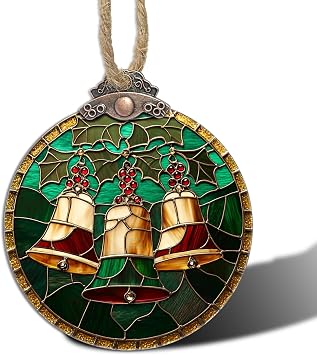 Stained Glass Christmas Decorations, Vintage Golden Big Bell Suncatcher for Window Christmas Tree Hanging Ornaments Green Sun Catcher Xmas Decor Gifts for Girl Women Men Mom Nana Friend