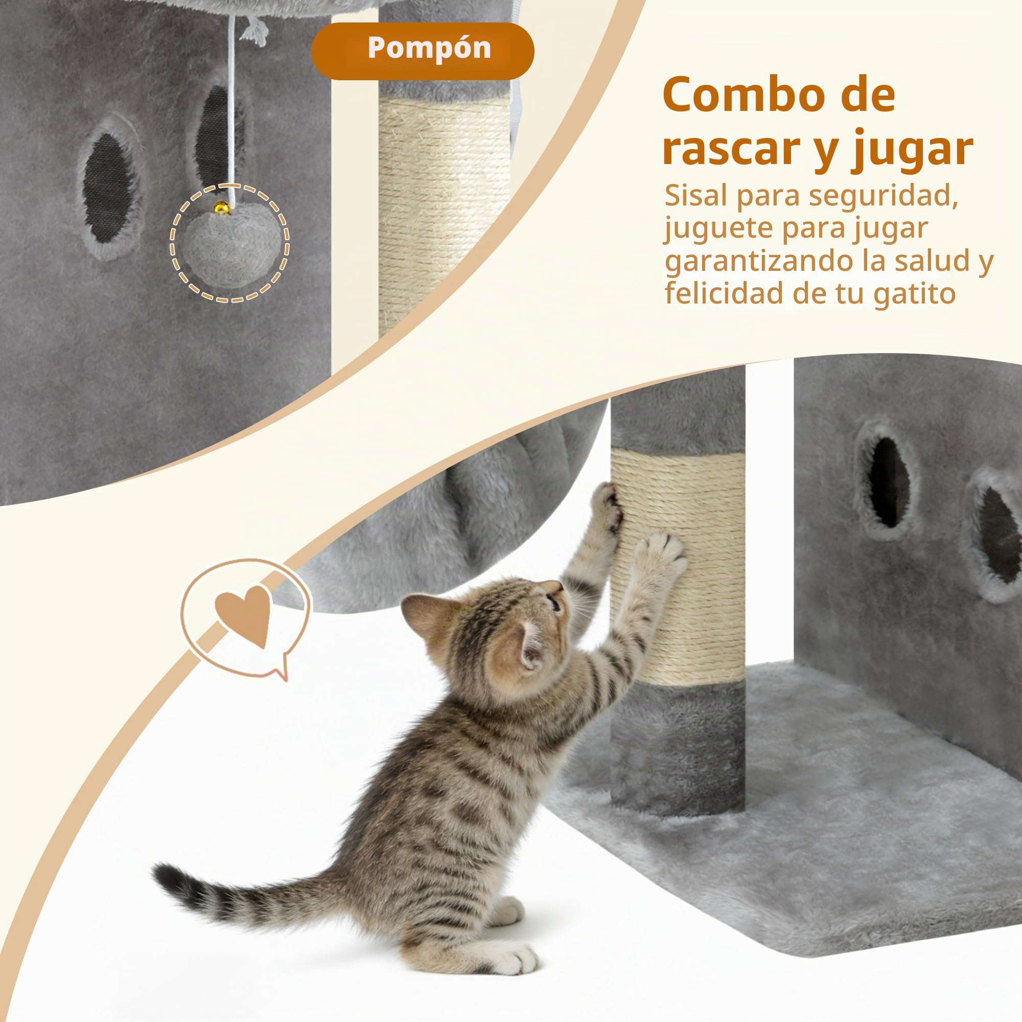 Heybly Árbol para Gatos, 65 cm de Altura, con una Plataforma Superior Extragrande, Cesta para Gatos de Dos Pisos, Rascador de Sisal, Cesta y Juguetes para Gatos, Gris Claro HCT204SW
