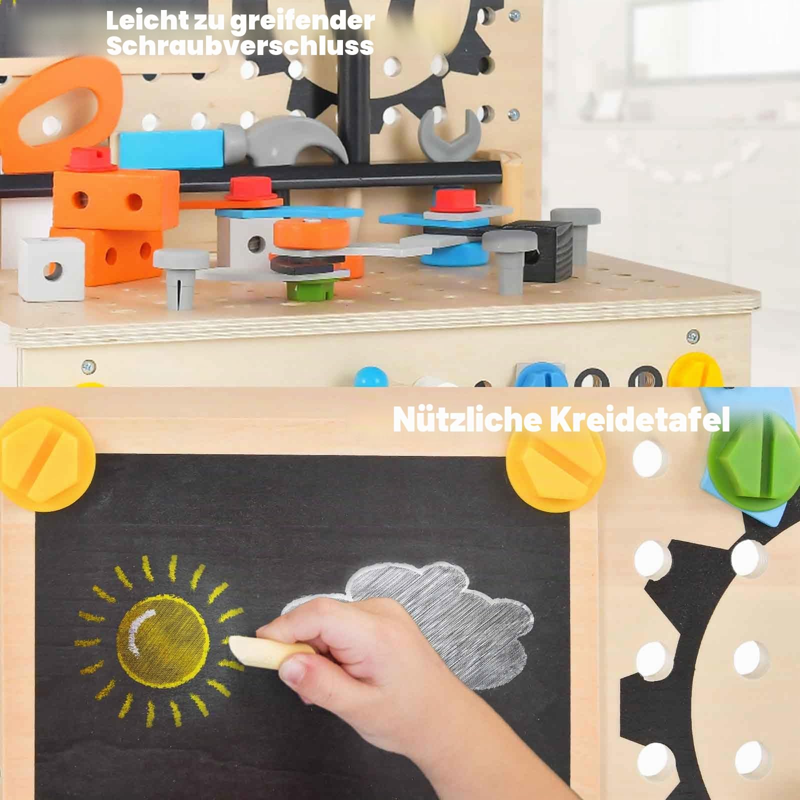 HOMASIS Werkzeugbank Kinder, Werkbank Spielwerkbank Holz, Werkstatt mit 75 TLG. Zubehör & Tafel & Arbeitsplatte & unteren Ablage, Spielzeug-Werkbank Kinderwerkbank ab 3 Jahre (46x37x72cm)