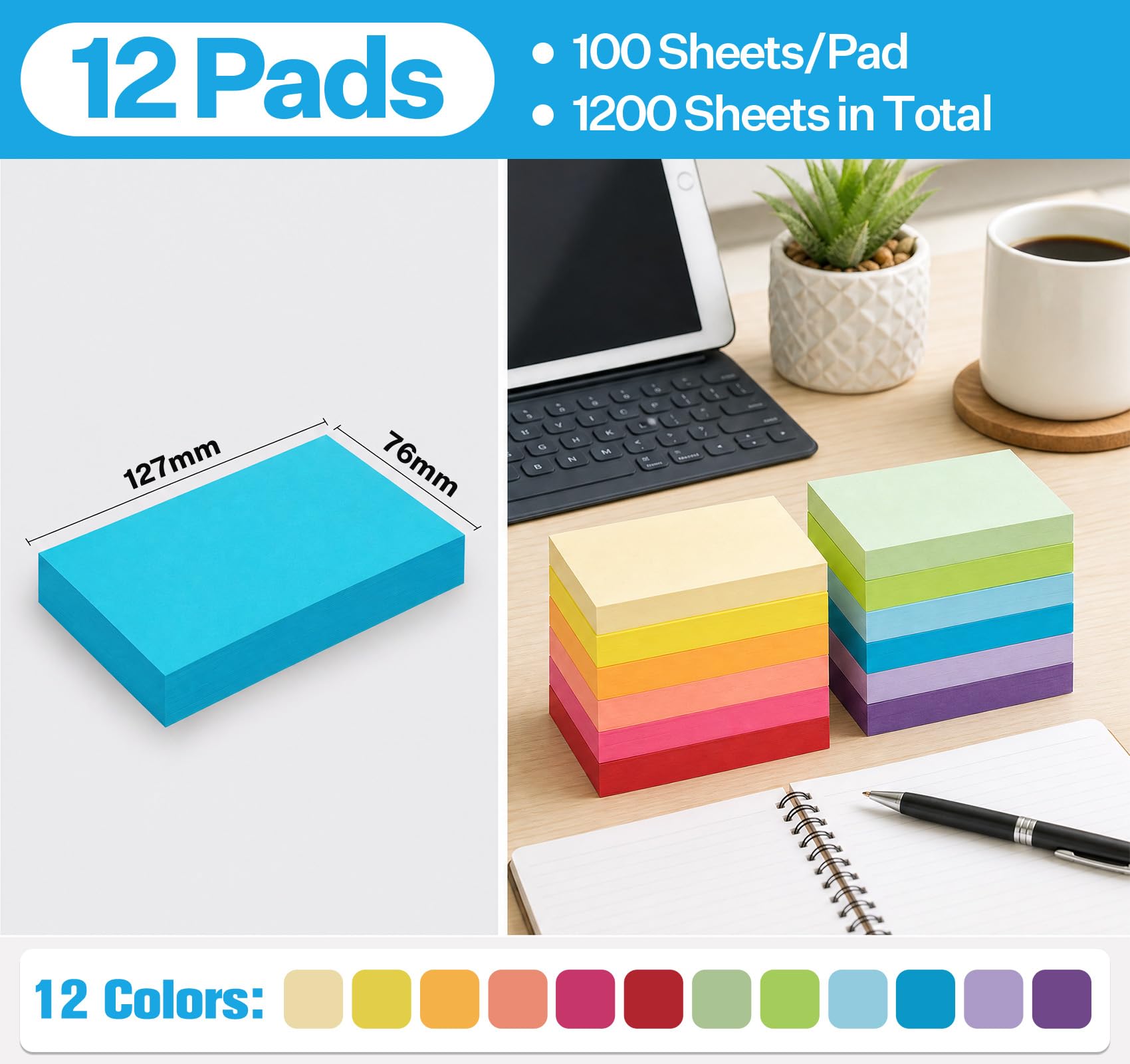 Paquete de 12 notas adhesivas grandes, 3 x 5 pulgadas, 12 blocs autoadhesivos de colores brillantes, 100 hojas/bloc, 2 veces el poder de adherencia fácil de publicar para oficina, cuaderno y