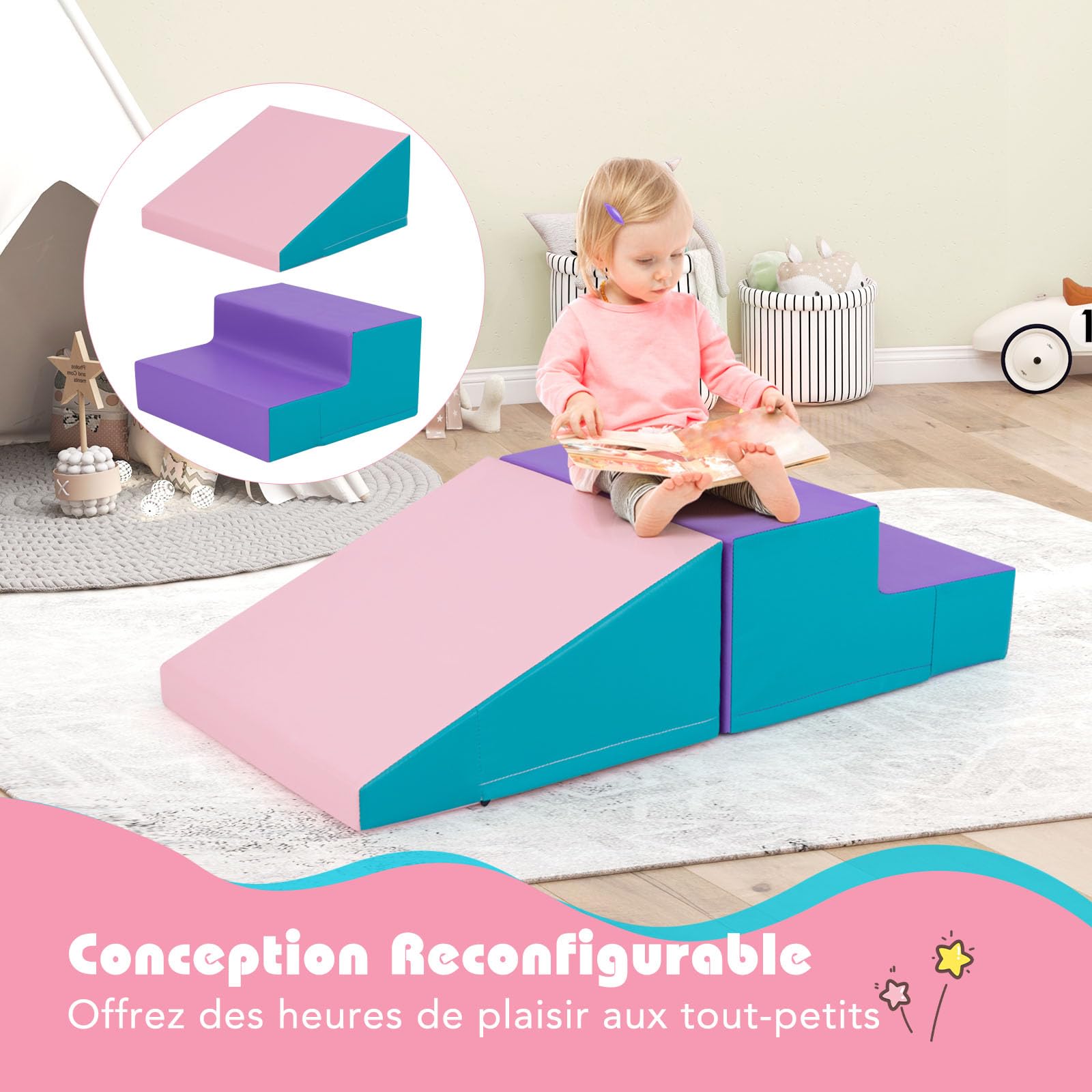 COSTWAY 2PCS Parcours Motricité Bébé en Mousse avec Housse Amovible en PU, Module Motricité Bébé avec Marche & Toboggan, Jouets Éducatifs pour Ramper Grimper pour Enfant d'Âge Préscolaire