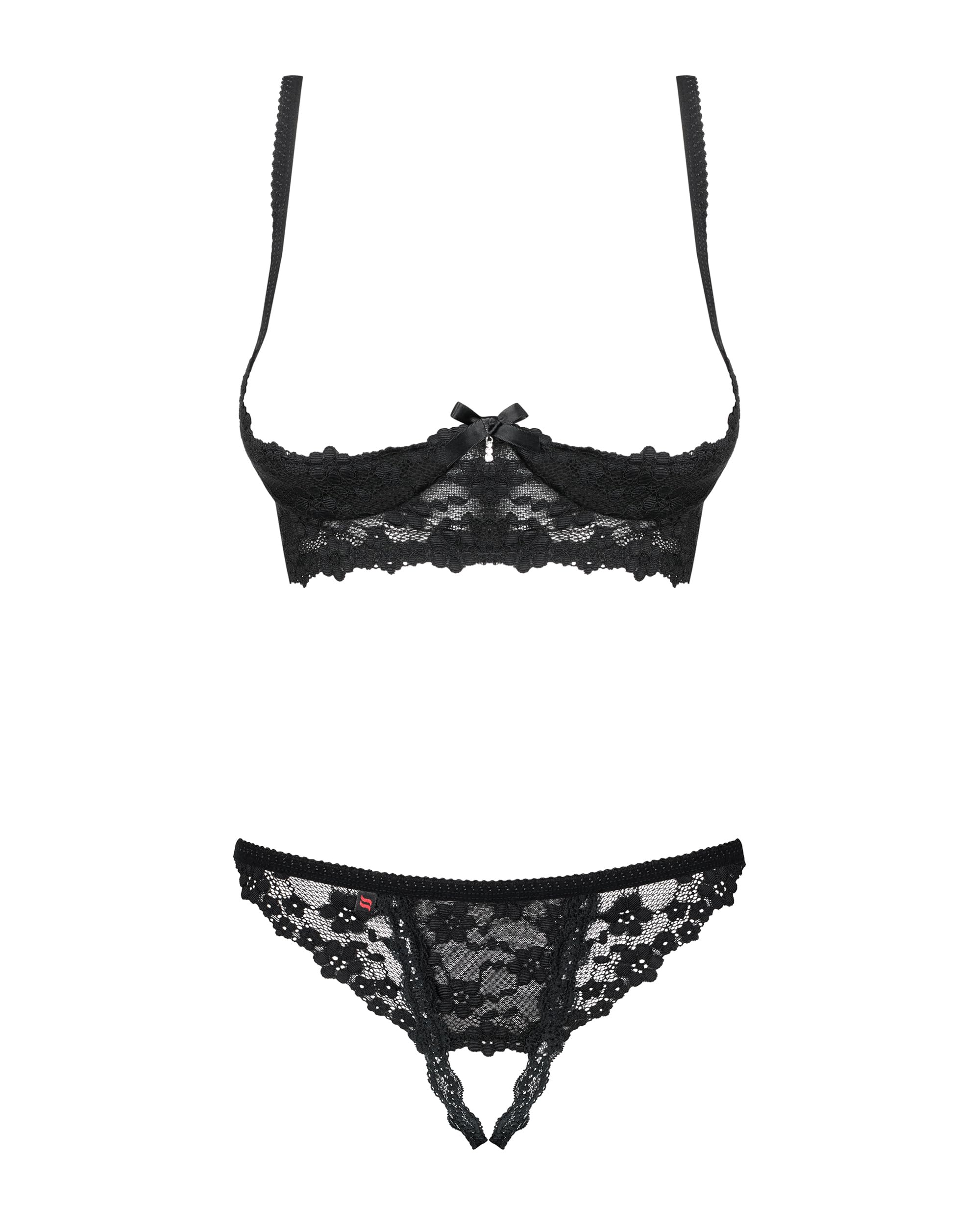 Obsessive. Frauen Dessous Spitzen Reizwäsche Set aus Unterbrust BH mit gepolsterten Cups und ouvert String in Schwarz teiltransparent Schleifen Schwarz teiltransparent