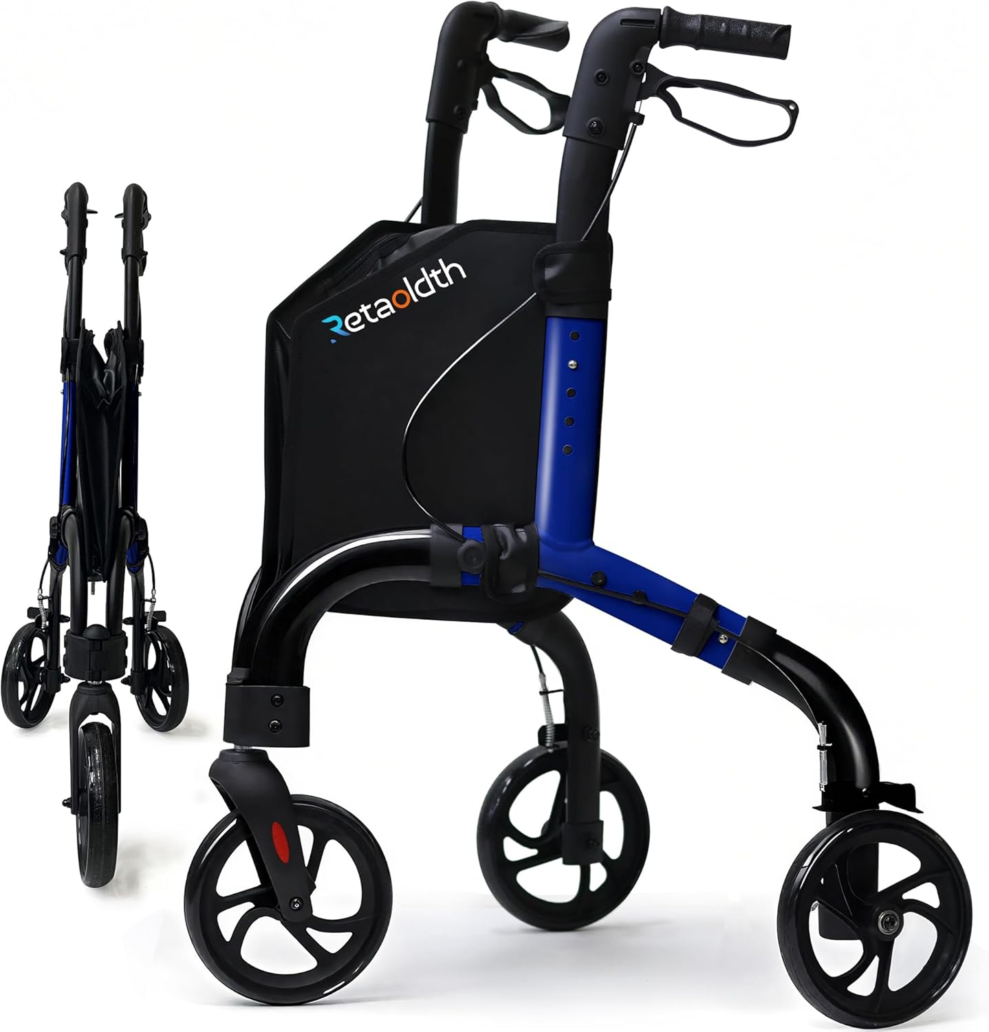 Lightweight 3 Wheel Rollator Walker for Seniors, Foldable Aluminum Mobility Aid with Storage Bag, Easy-Fold Walking Support for Elderly Balance & Rehabilitation Black & Blue