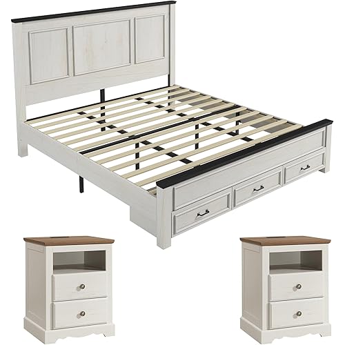 AMERLIFE Farmhouse Bedroom Furniture Set, Includes 2 Nightstands with Charging Station and 1 King Size Wood Platform Bed Frame with Panel Headboard, Storage Drawers, No Box Spring Needed, Rustic White