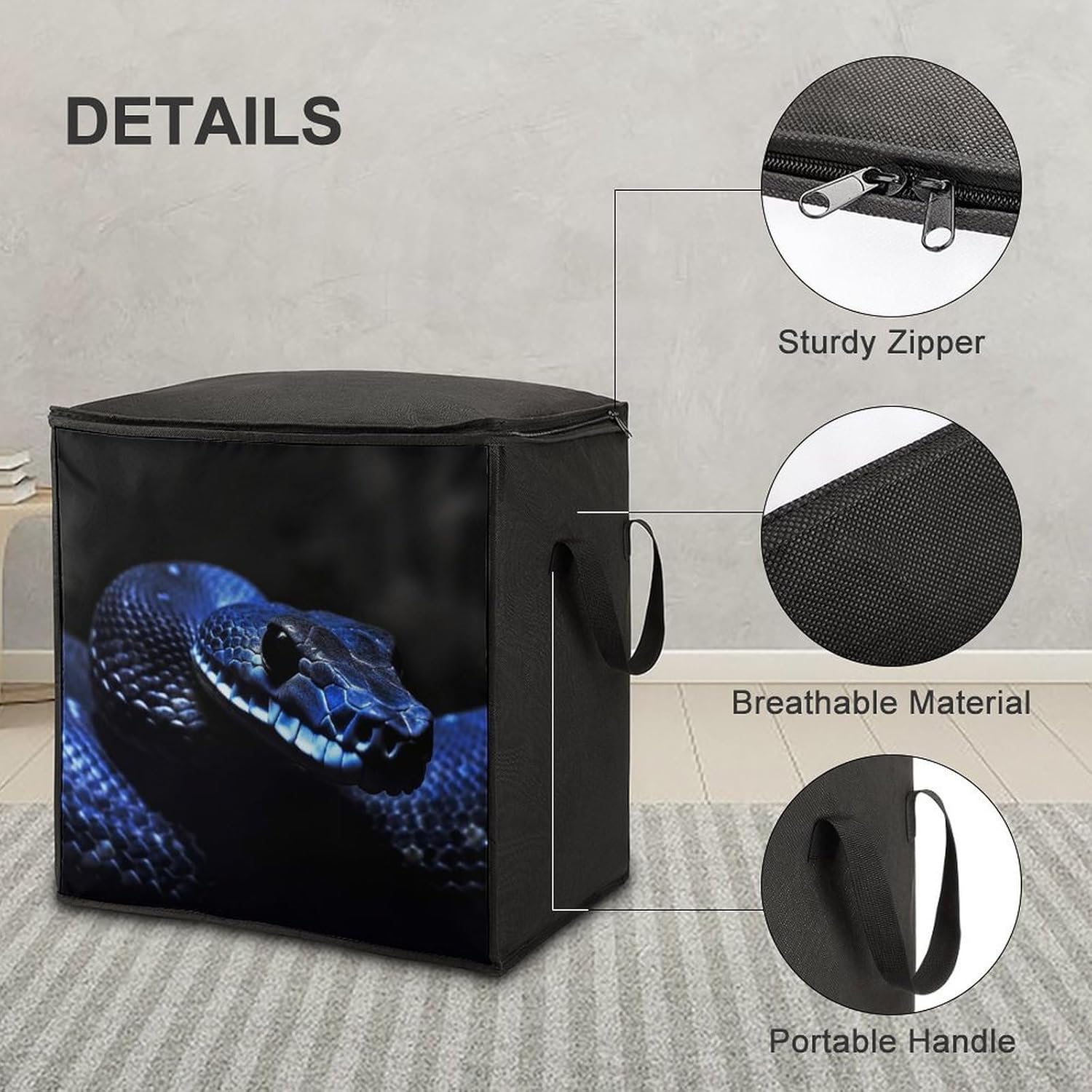 Portable Quilt Storage Bag,Blue Snake Printed Foldable Wardrobe Storage Box Foldable Storage Bag with Lids And Handle Large Clothing Storage Bag for Comforters Clothes Blankets Pillows