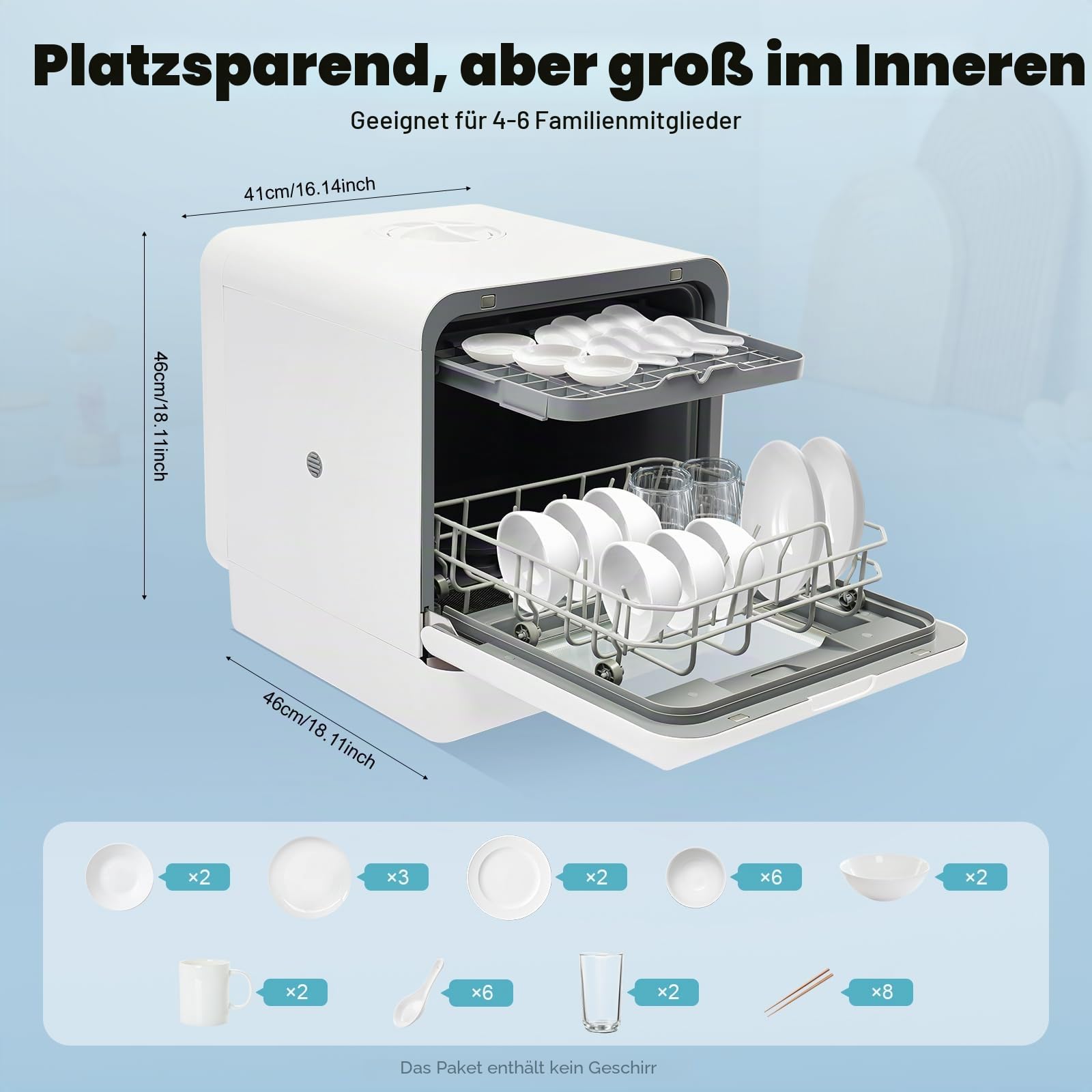 Mini Geschirrspüler, Tischgeschirrspüler 4-6 Personen, Energieeffiziente Tischspülmaschine mit 4 Programmen, Heißlufttrocknung und 72h Antibakteriell, Weiß